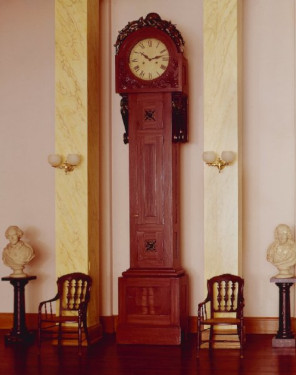 13' high grandfather clock with great carved hood door and carved scrolls supporting the hood