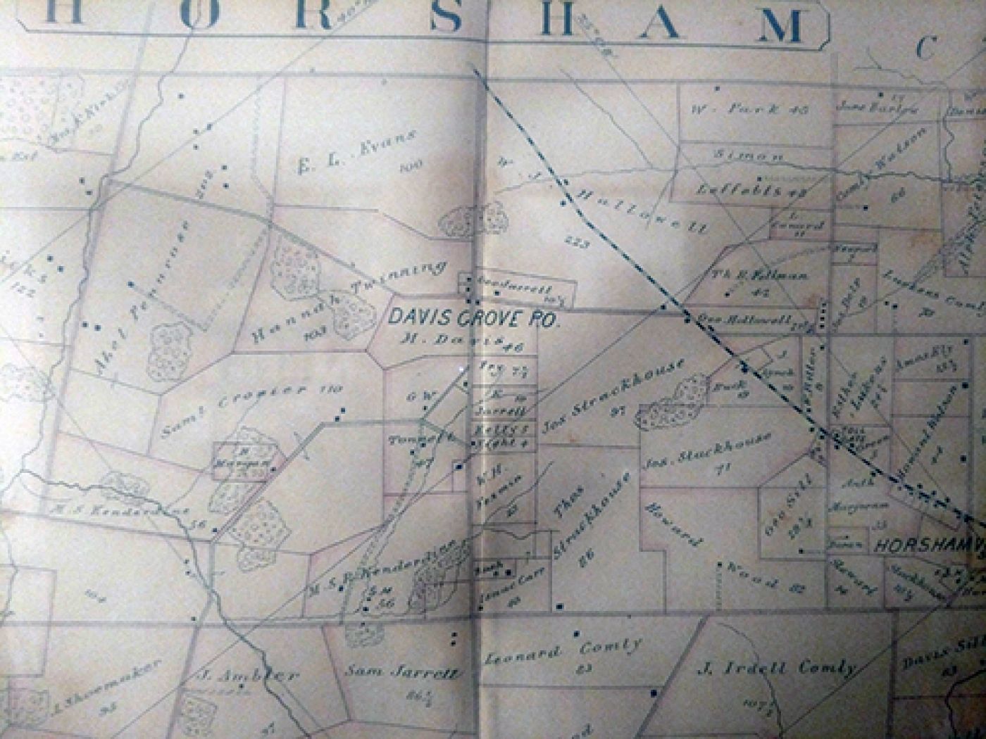 Map of Horsham 1893 showing the village of Davis Grove donated to HPHA by Beverly Choate