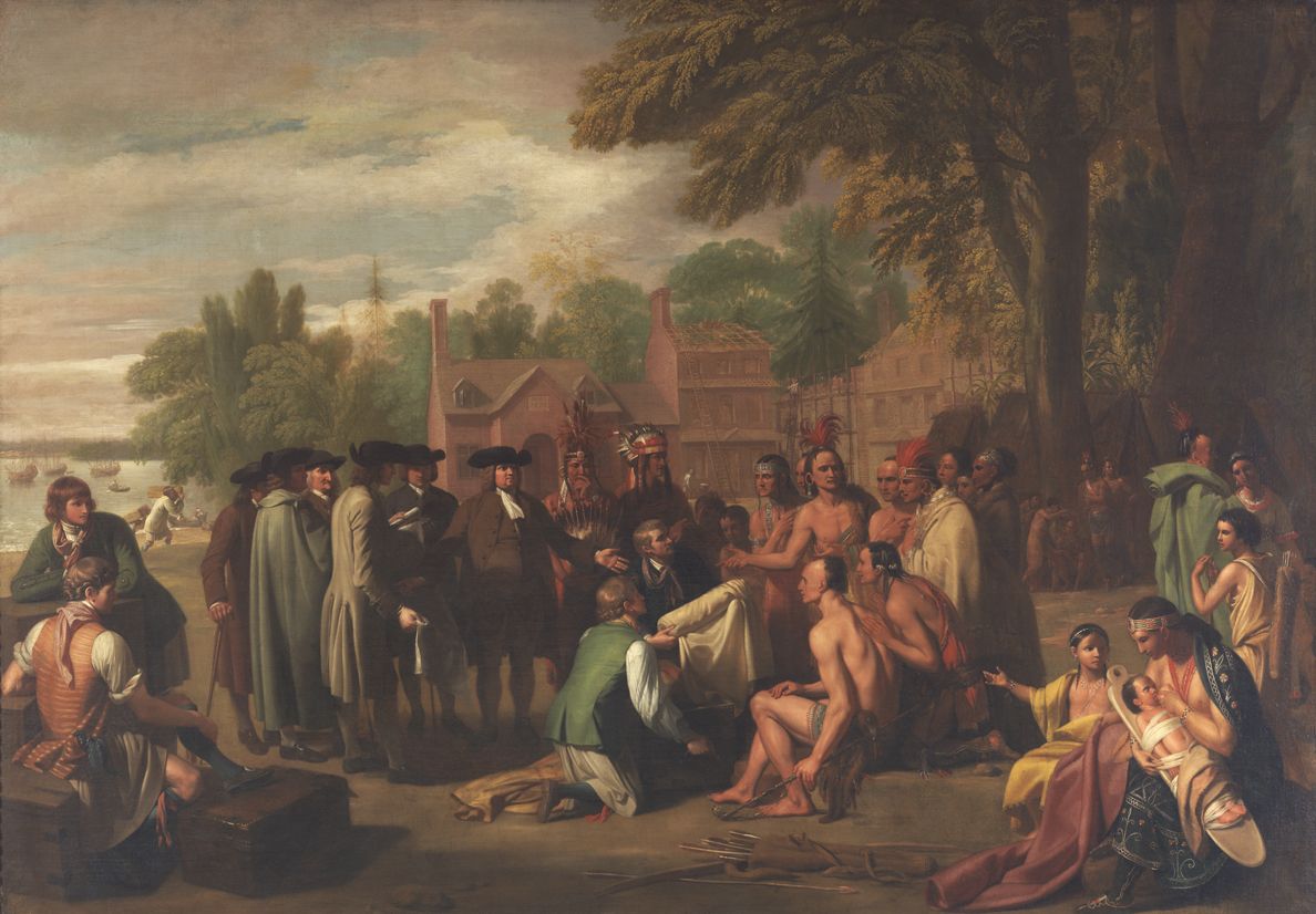 painting of william penn meeting with lenape chief tamanend at treaty of shackamaxon
