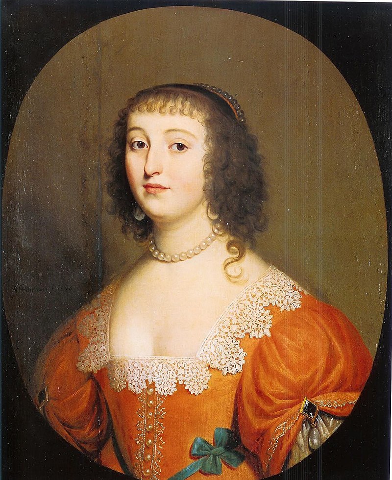 portrait of princess elizabeth of bohemia, palantine of the rhine wearing low cut orange dress with front buttons, lace collar, and curly brown hair on light brown background