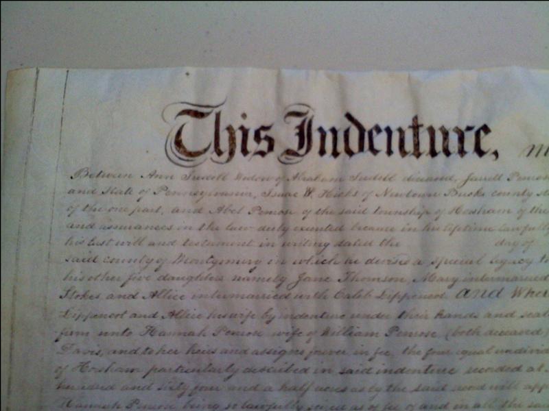 photo of top left hand corner of 1865 indenture showing wording This Indenture