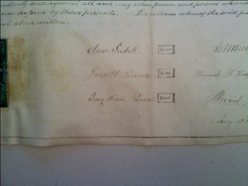 photo of center bottom of 1865 indenture showing receipt