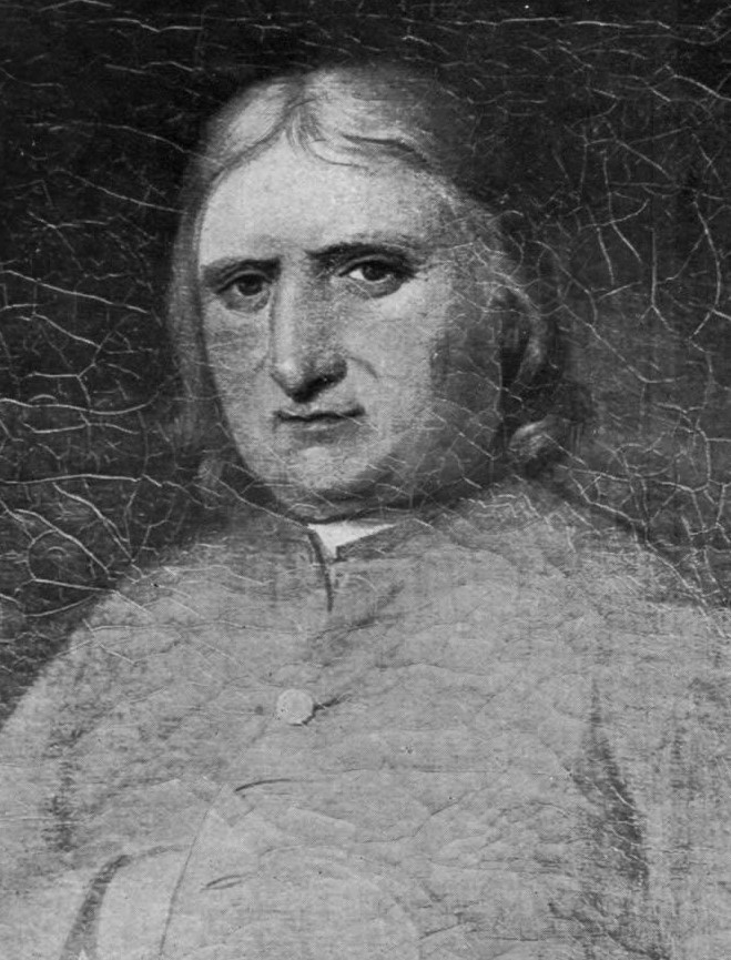 portrait of George Fox man with sad eyes, light hair hanging to shoulders parted in middle, plain shirt showing 1 button on a dark background. painting surface has many cracks