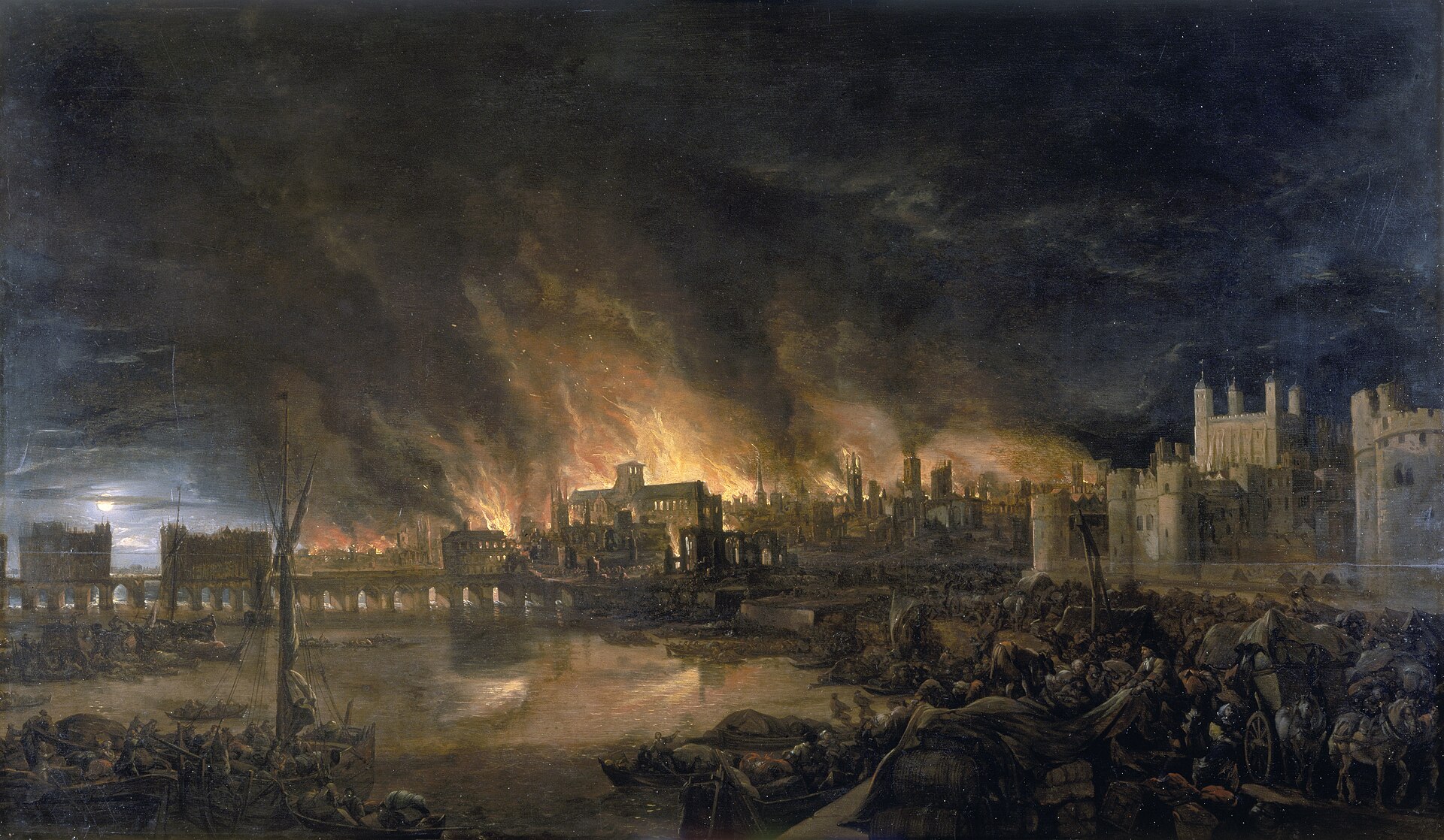 The Great Fire of London, depicted as it would have appeared from a boat in the vicinity of Tower Wharf on the evening of Tuesday, 4 September 1666. To the left is London Bridge; to the right, the Tower of London. Old St Paul's Cathedral is in the distance, surrounded by the tallest flames.