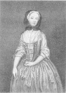 portrait showing woman in light colored gown with light hair and dark bonnet