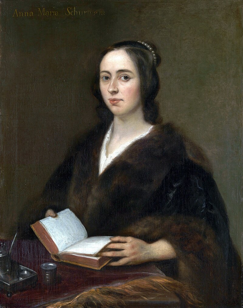 portrait of p>Anna Maria van Schurman holding an open book ona table with her left hand marking a page, wearing a black velvet robe with fur collar and sleeves,dark hair hanging around her shoulders with bun in back with pearls” /> <figcaption class=