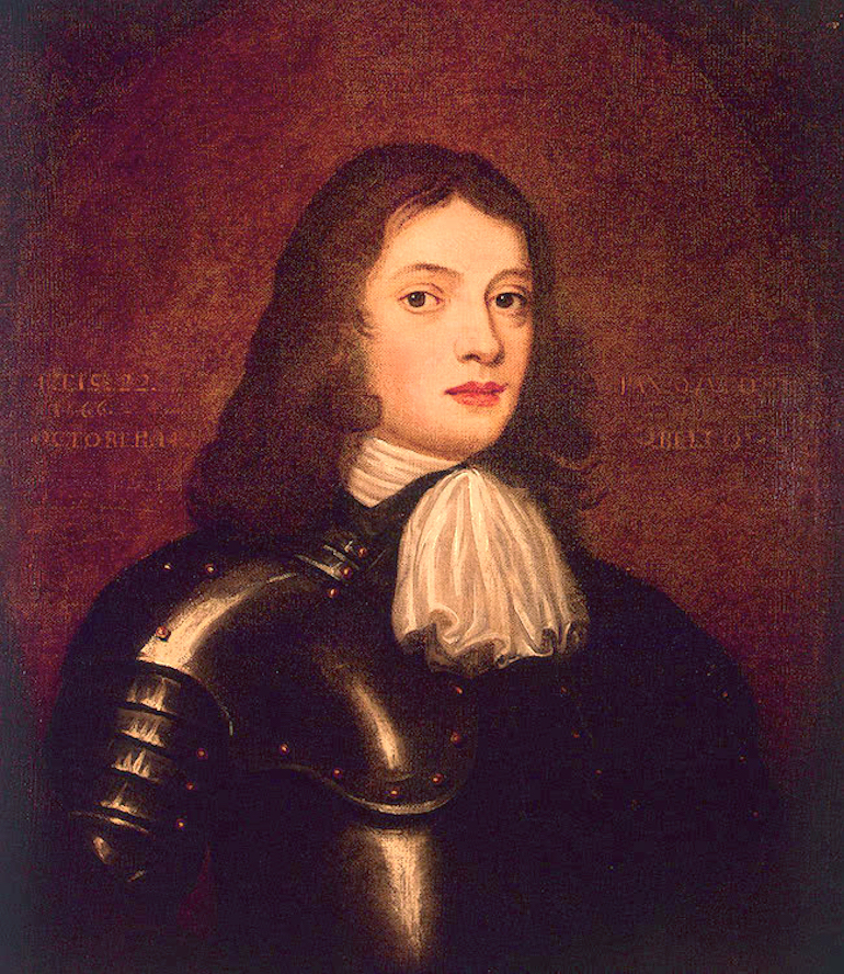 copy of painting of william penn in armor age 22 on a red background