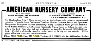 A 1912 trade advertisement for the American Nursery Company, featuring its growing departments at Bloodgood Nurseries and F. & F. Nurseries.