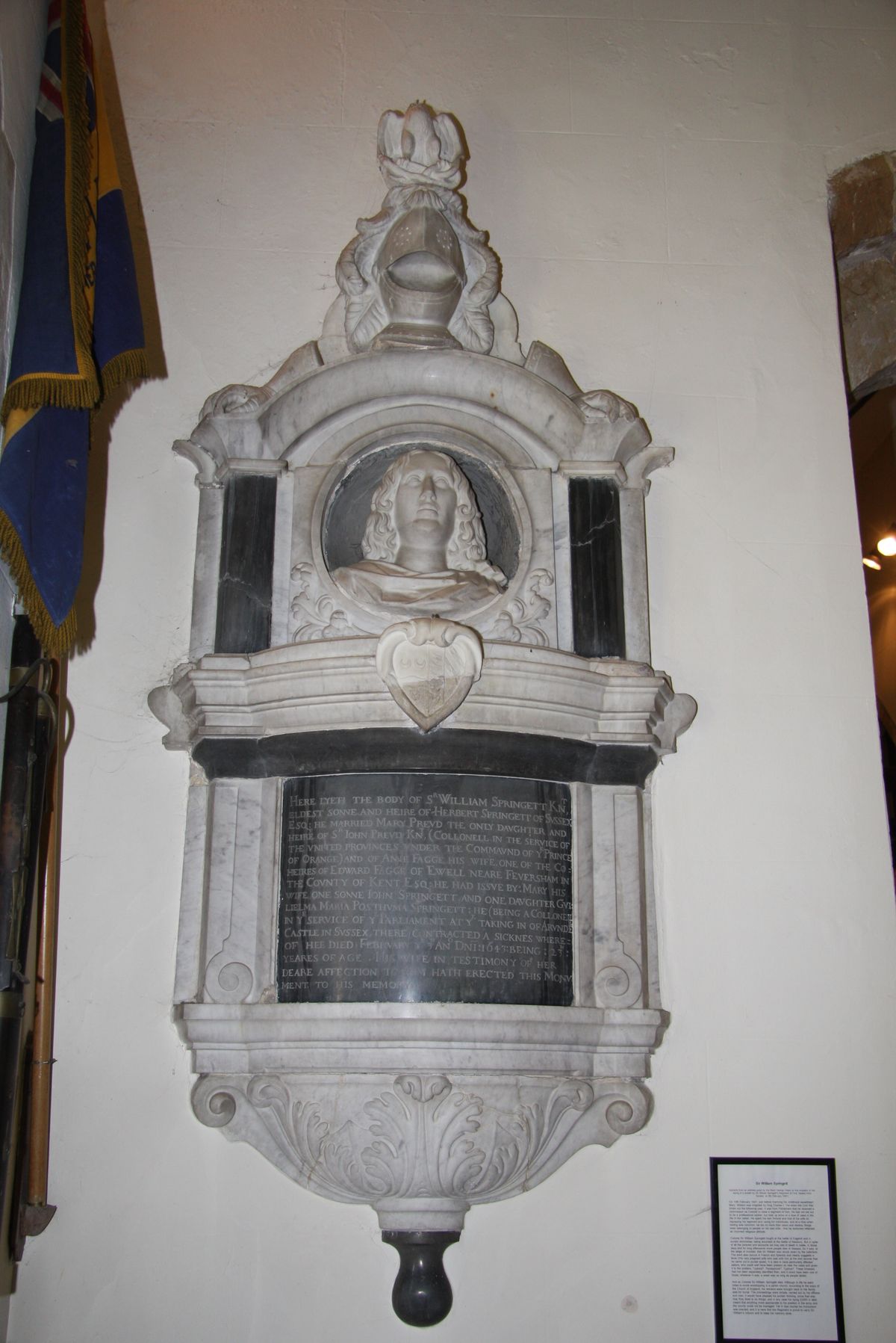 memorial with marble bust above bronze plaque. Plaque begins her lies the body of Sir William Springett,Knt