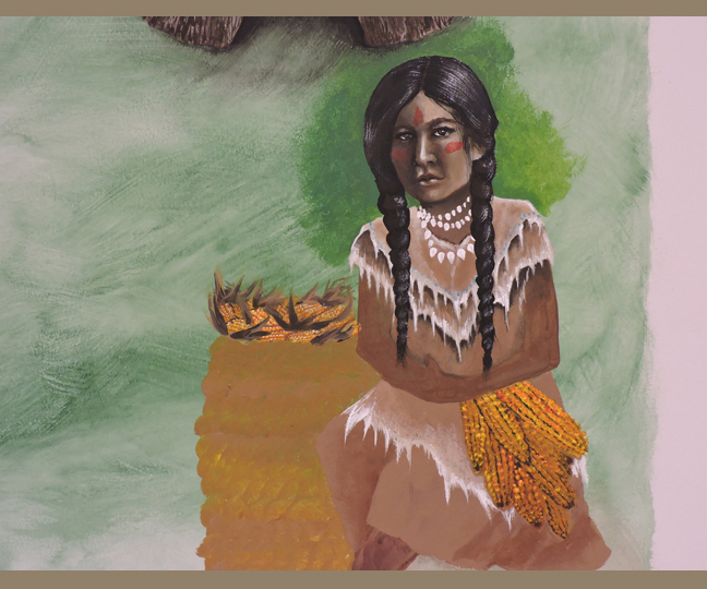 painting of native american woman from mural at Hallowell School