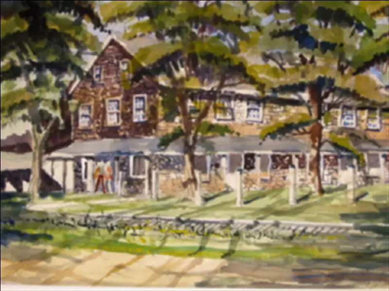 watercolor painting of Horsham Meeting House with trees and small stone wall in front