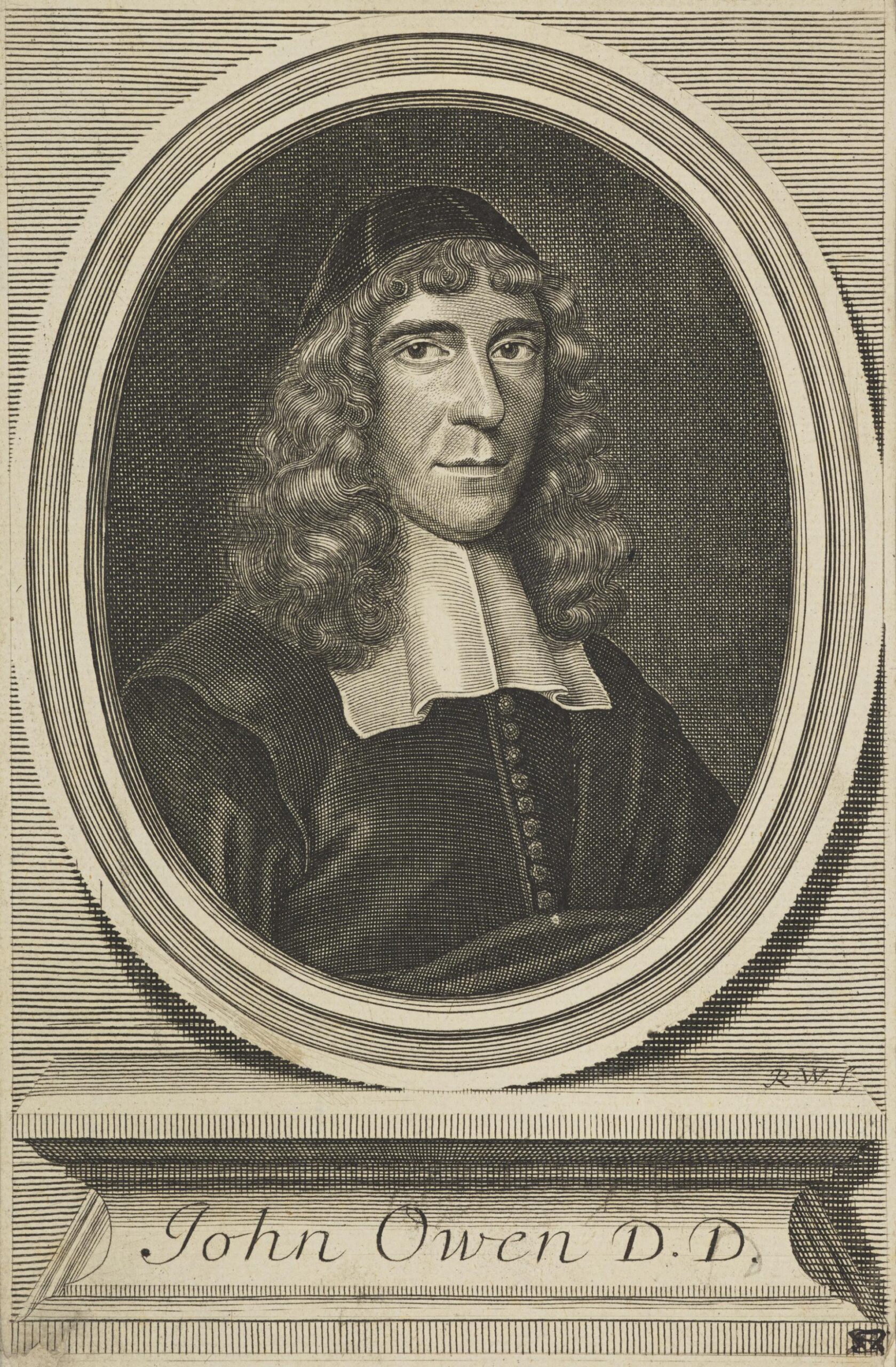 portrait of John owen , curly gray wig, black hat and rober with white cravat. John Owen DD inscribed below
