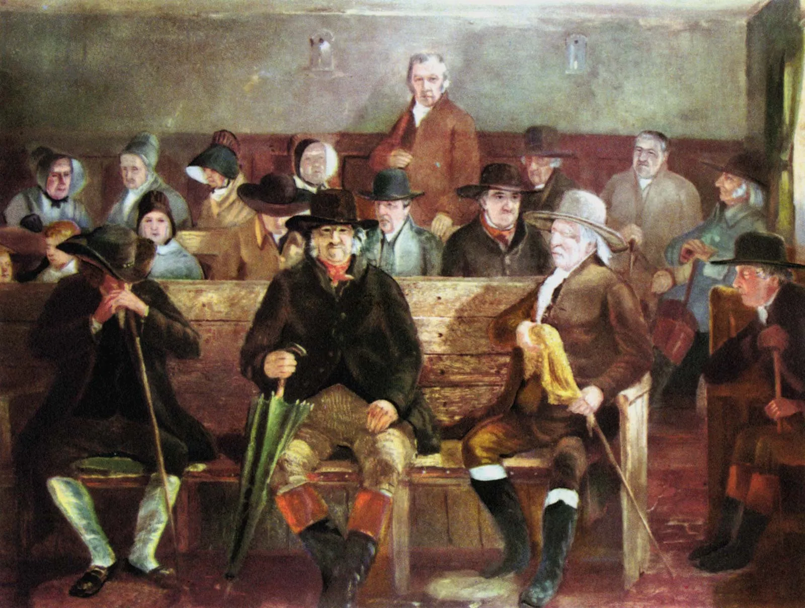 oil painting of quaker meeting with me n in quaker dress sitting on benches