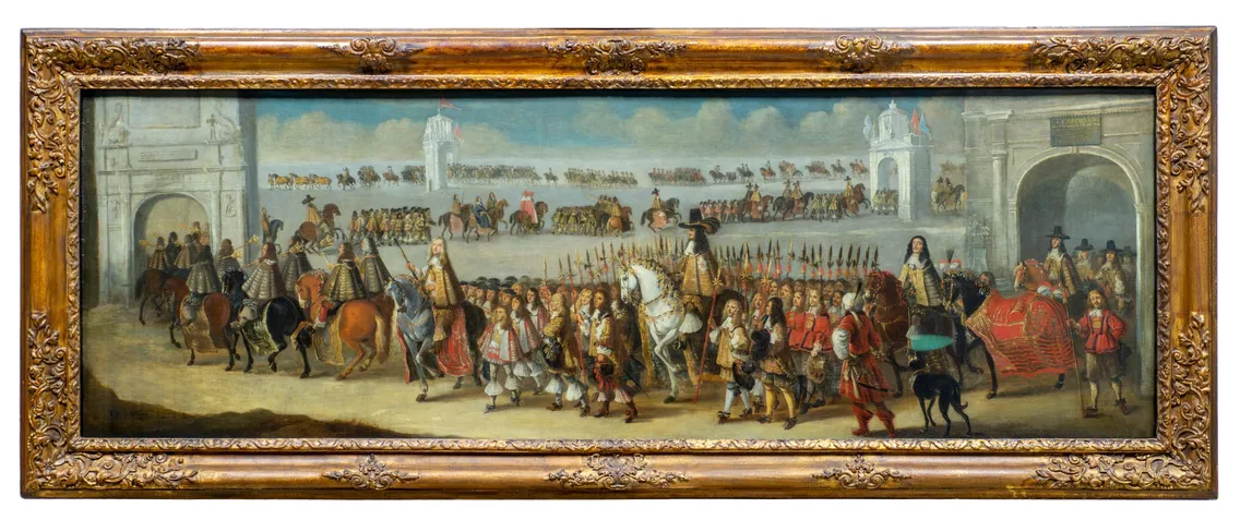 winding procession of peoplein 17th centiry dress, some walking, some on horseback going from right to left then turning away and to the right through several stone arches